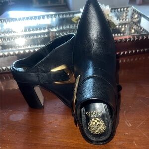 Vince Camuto Black Leather Bailey Bootie/Mule with Gold Buckle